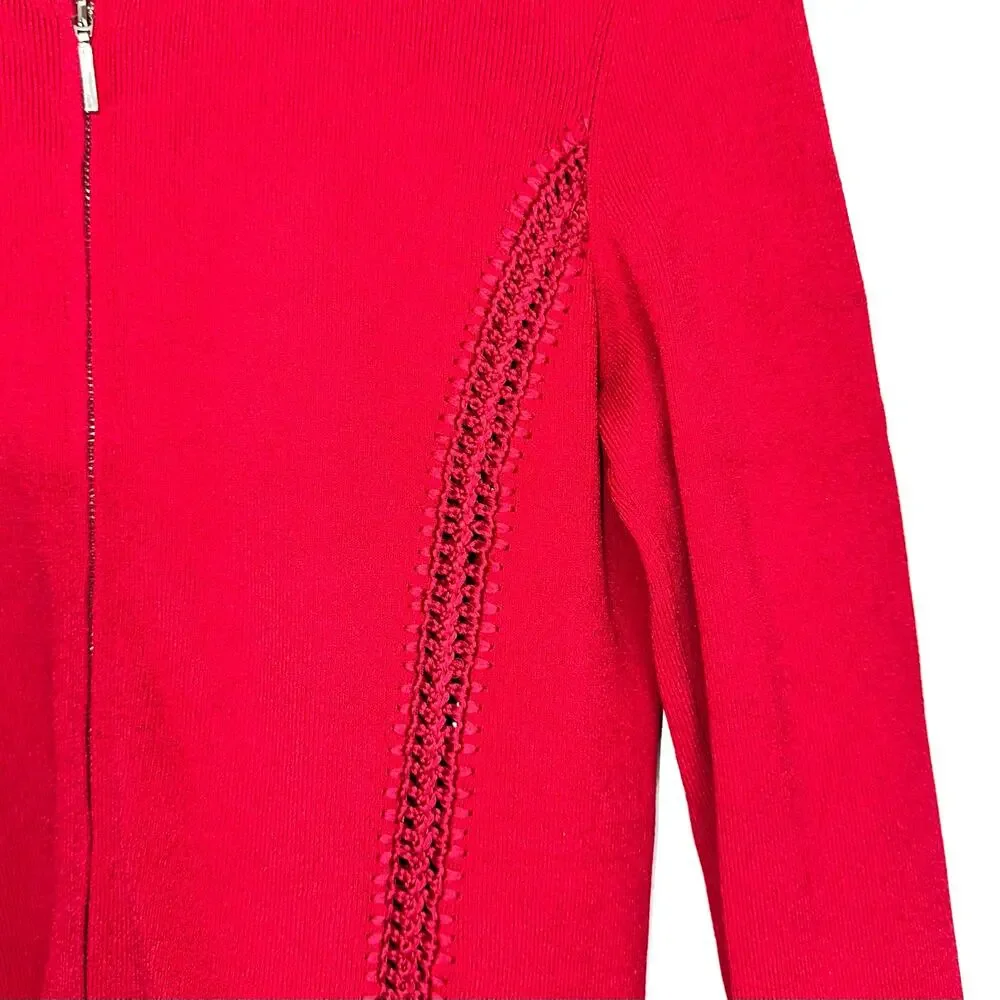 Lillie Rubin Knitwear Red Textured Cutout Full Zip Jacket Size Small